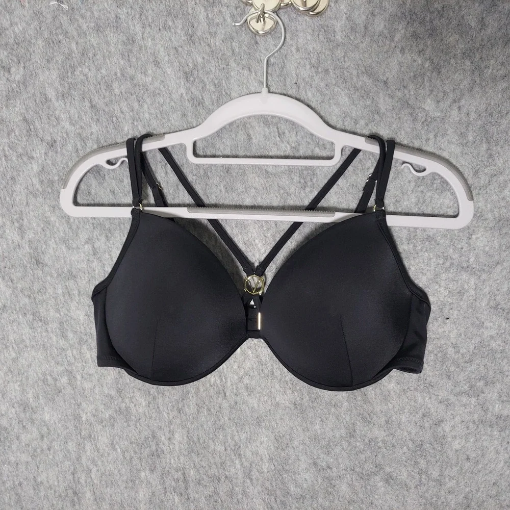 Victorias Secret Bikini Top 34D Black Push Up Wired Glam Rhinestone Logo Strappy